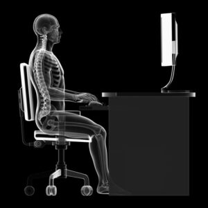 X-ray style illustration of a person sitting at a desk with computer, showing skeletal posture.