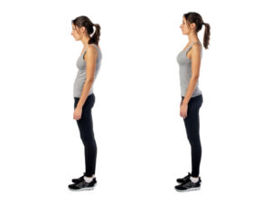 Woman showing poor posture on left and correct upright posture on right, side-by-side comparison.